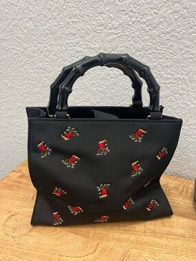 Tiannl Black Bag with Red Embroidered Accents